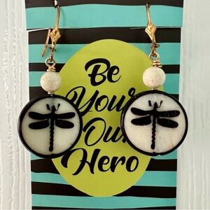 Dragonfly Dangle Earrings in Black and Cream
